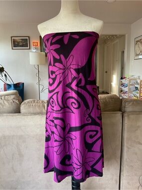 🌺 Authentic Wahine Toa Design Magenta & Black Tiare Floral Tube Dress Medium